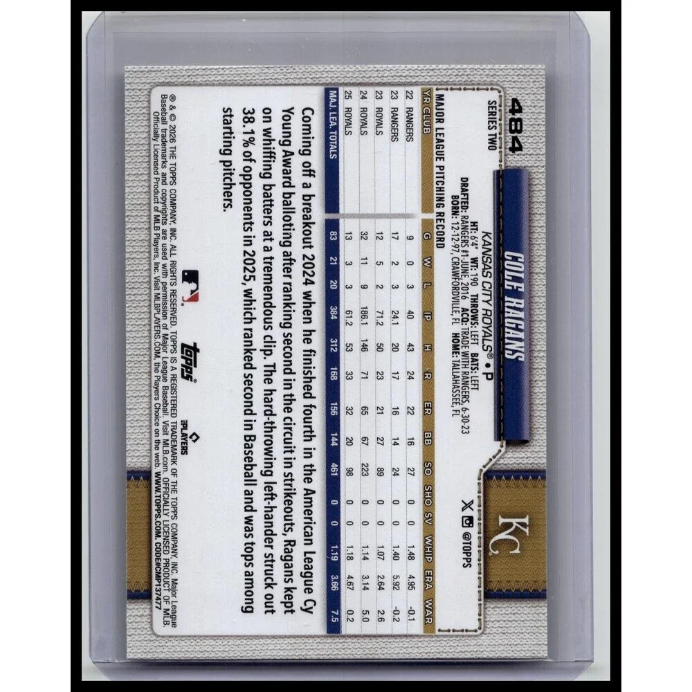 2026 Topps Cole Ragans #484 Kansas City Royals Gold #/2026
